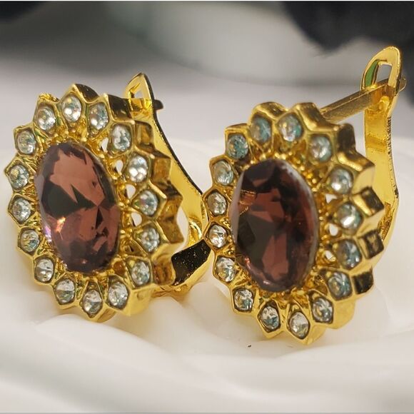 14K Yellow Gold on 925  Red Sapphire & White Baguette Diamond Leverback Earrings - Picture 3 of 7